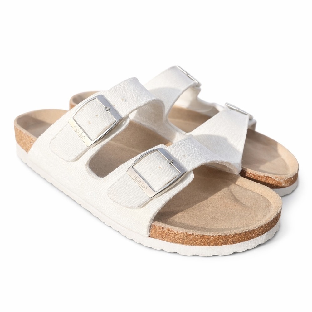 Farwest Tofino White Canvas Cork 2 Strap Buckle Slide Sandals Size 8